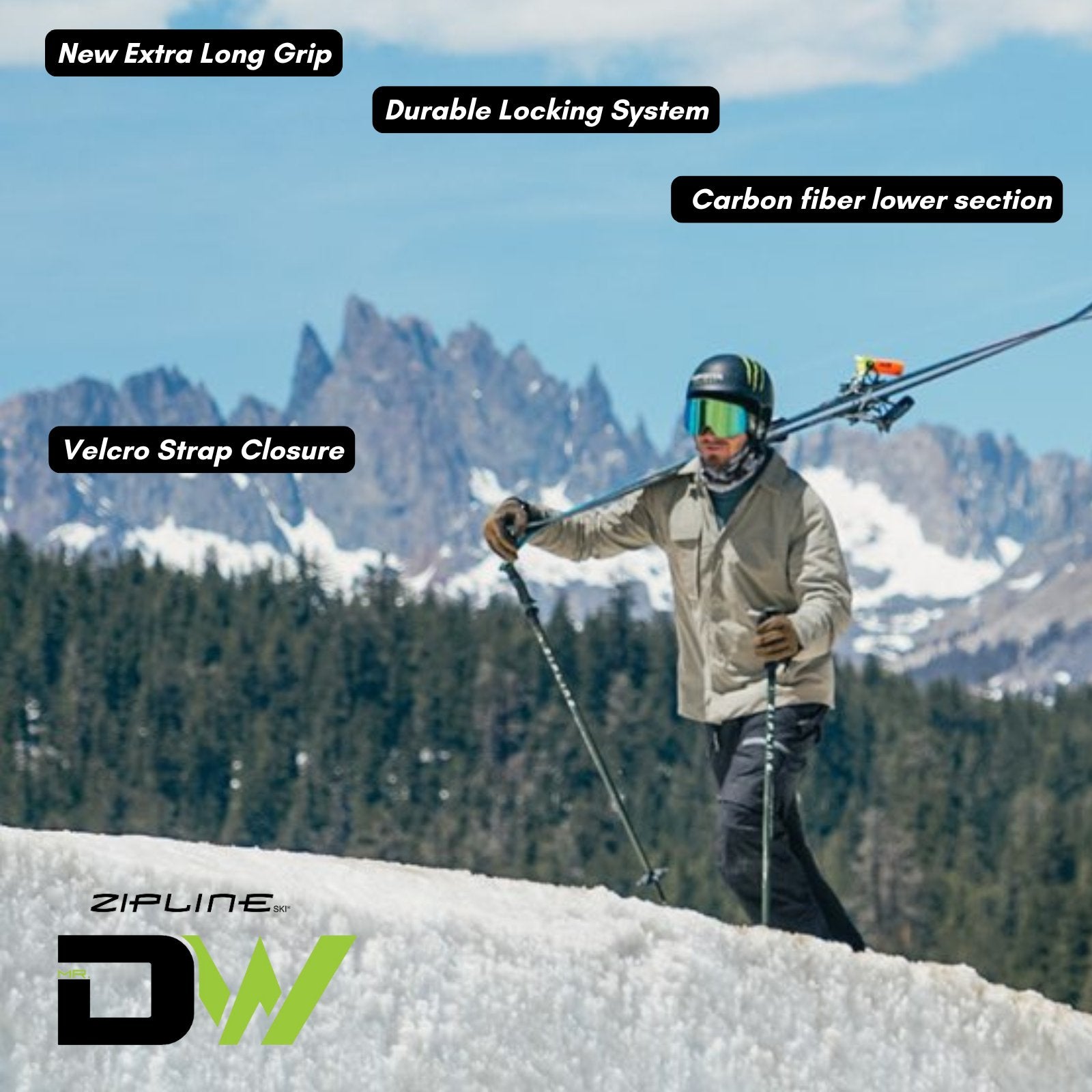 MRDW Collection - Zipline Blurr EXT - Adjustable Graphite Composite Ski Poles - ZiplineSki