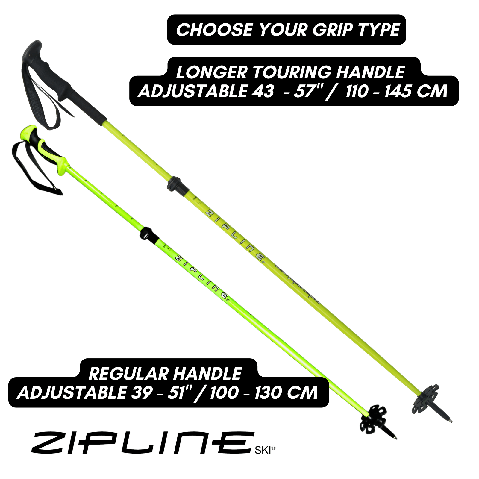 MRDW Collection - Zipline Blurr EXT - Adjustable Graphite Composite Ski Poles - ZiplineSki