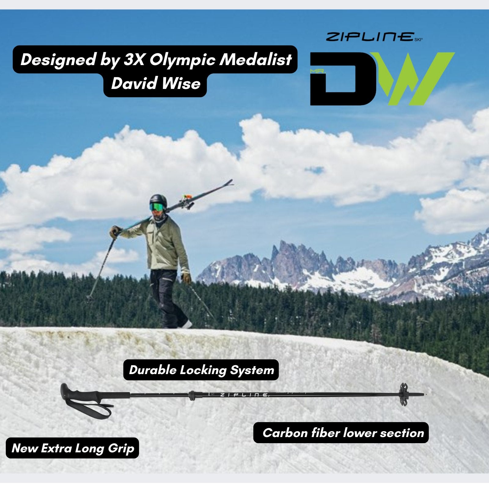 Touring Grip - MRDW Collection - Zipline Blurr EXT - Adjustable Graphite Composite Ski Poles - ZiplineSki