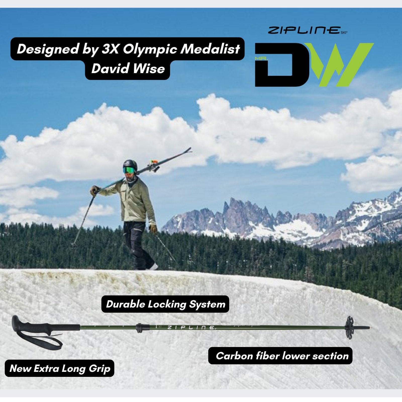 Touring Grip - MRDW Collection - Zipline Blurr EXT - Adjustable Graphite Composite Ski Poles - ZiplineSki