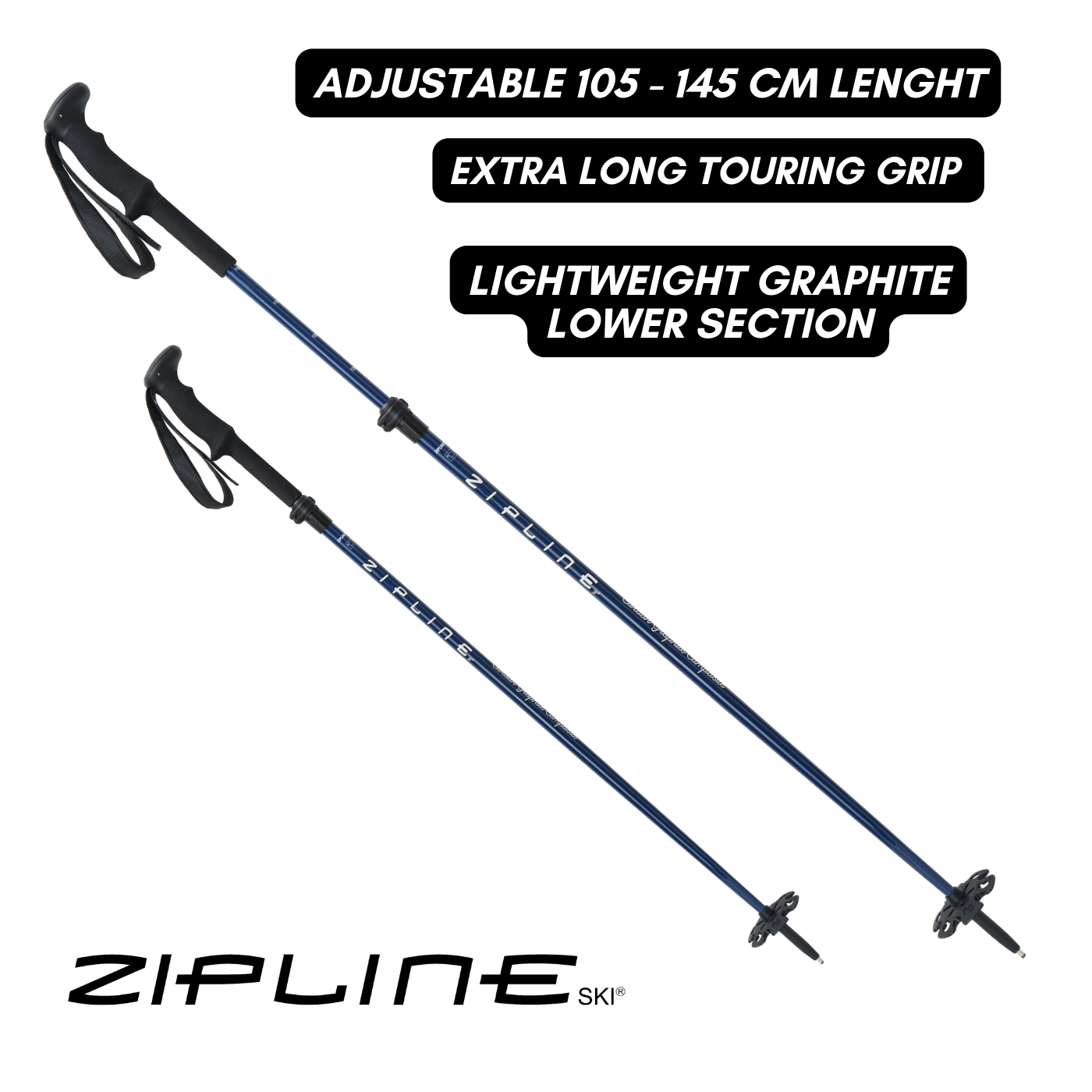 Touring Grip - MRDW Collection - Zipline Blurr EXT - Adjustable Graphite Composite Ski Poles - ZiplineSki