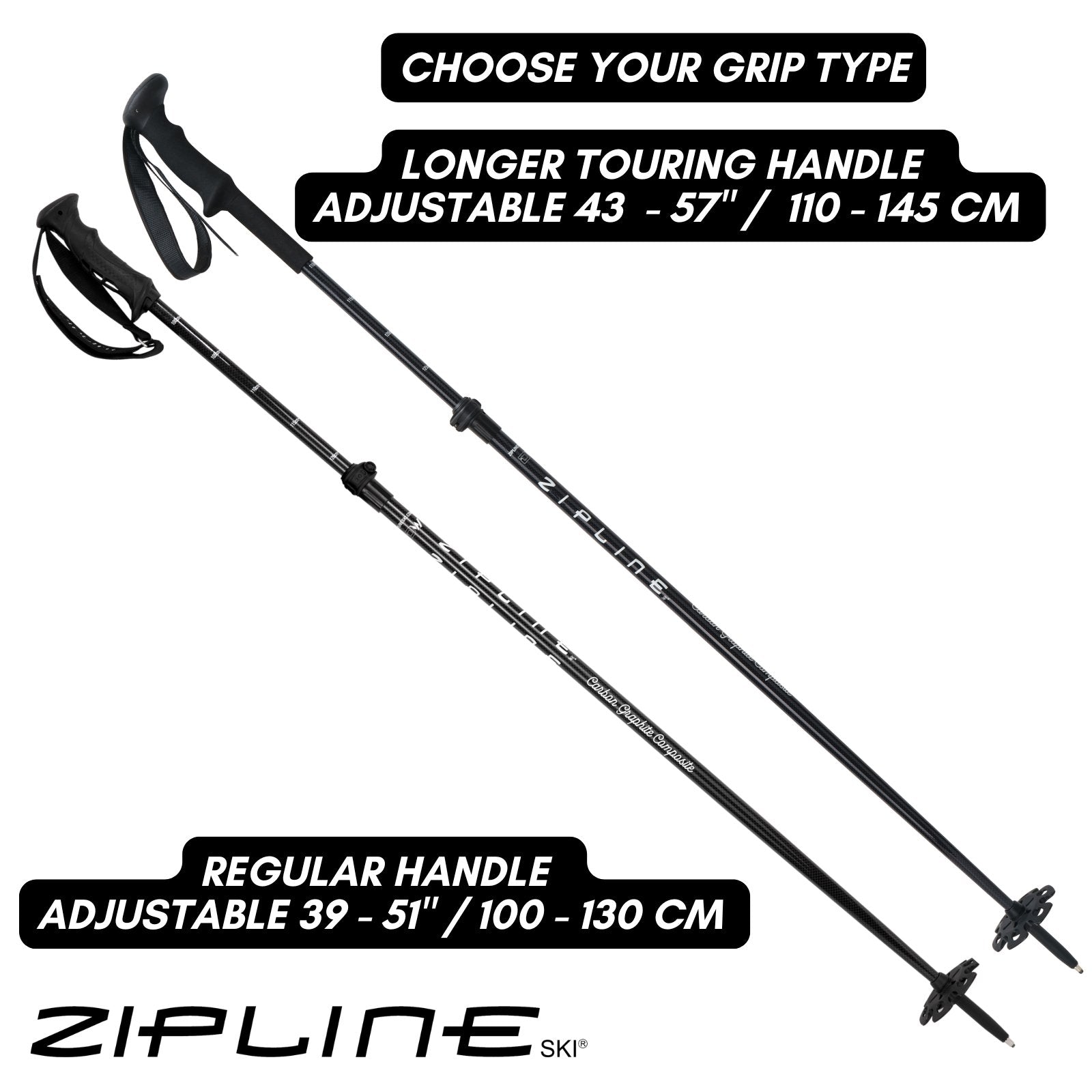 Touring Grip - MRDW Collection - Zipline Blurr EXT - Adjustable Graphite Composite Ski Poles - ZiplineSki